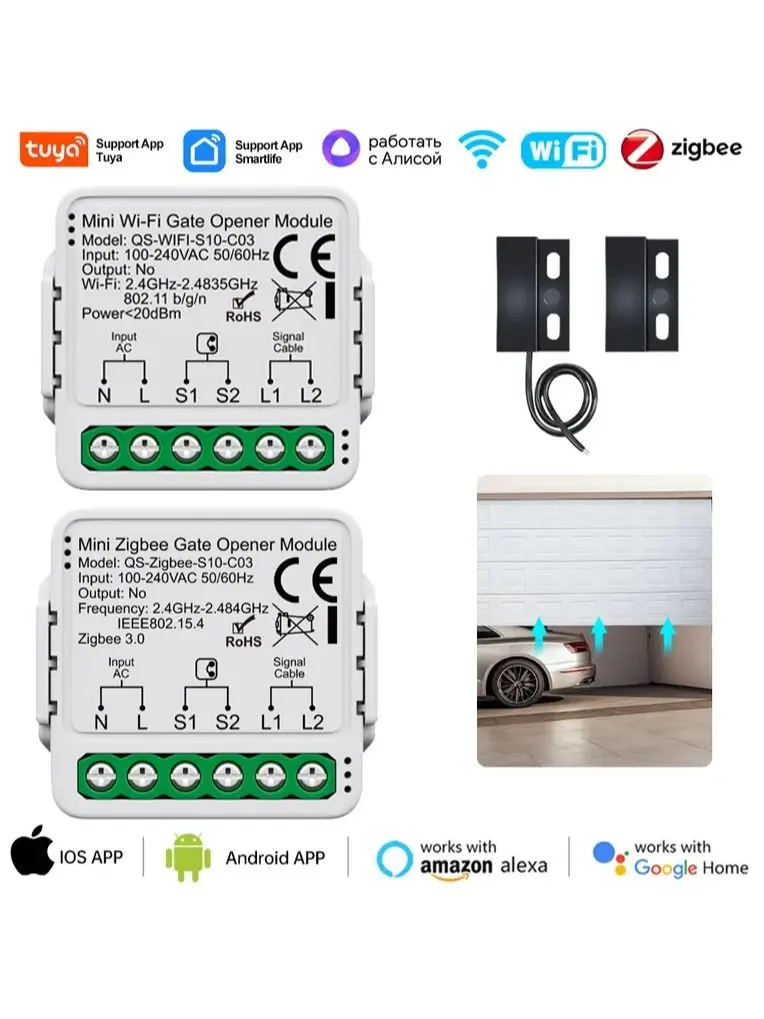 Tuya WiFi/Zigbee Smart Garagentoröffner-Controller-Schaltmodul mit Sprachfernbedienung, kompatibel mit Alexa und Google Home Assistant