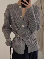 Grey Premium Thick Sweater With Women'S Autumn And Winter Design Sense, Irregular Side Buckle And Breasted Knitted Cardigan Top