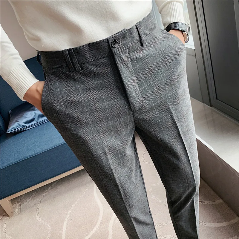 New Men Dress Pants Plaid Business Casual Slim Fit Ankle Length Pantalon Classic Vintage Check Suit Trousers Wedding 28-38