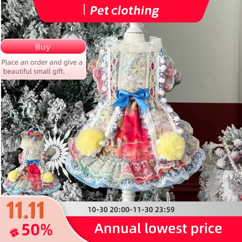 

Pet cat clothes Christmas coat original design sweet plush floral pattern with lace trim autumn winter photo-shoot for cats dogs