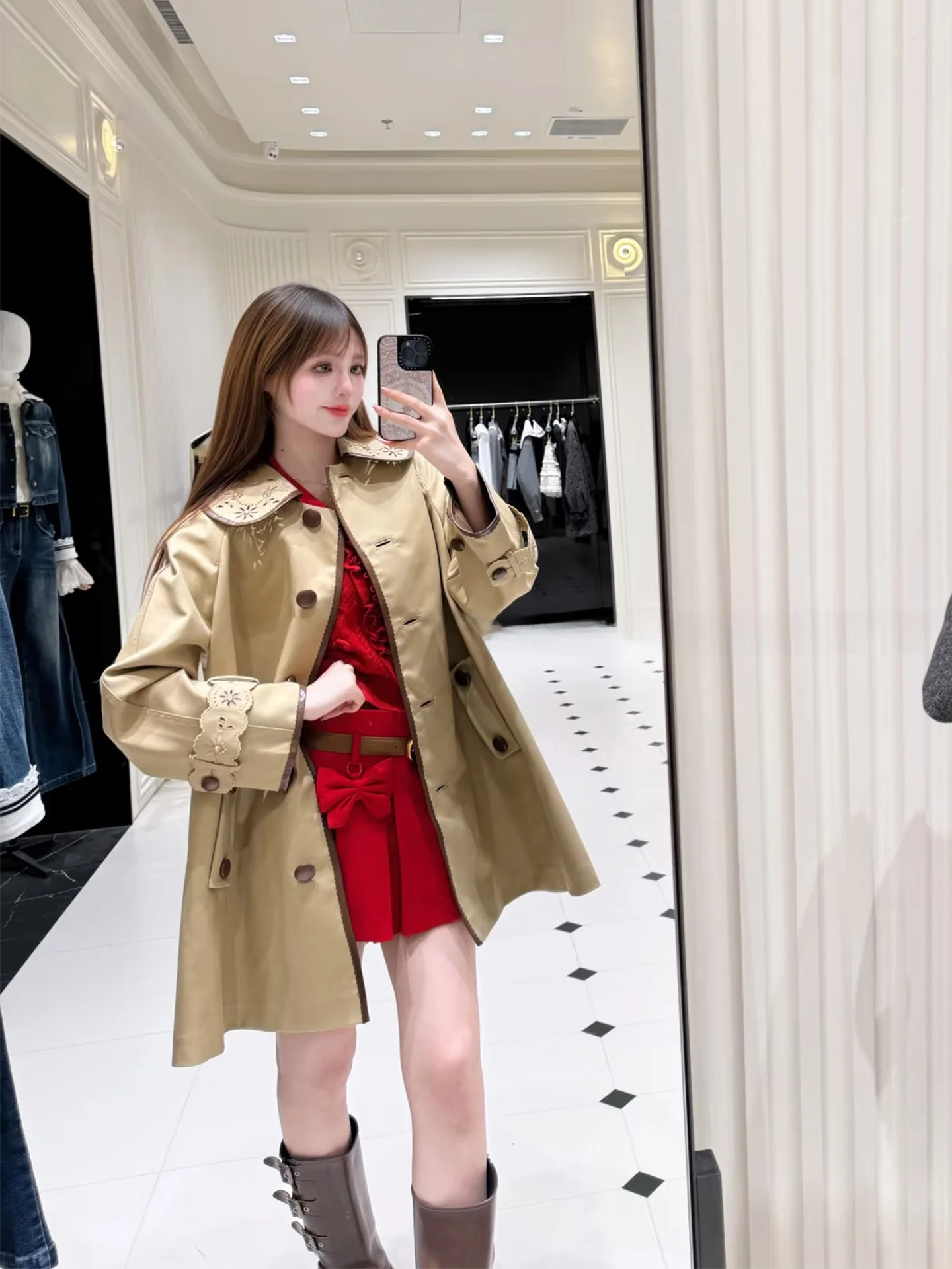 

JONIbyBEB Long Khaki Windbreaker Jaet Embroidered Bead Decoration Leather Patchwork Hollow out Design mid Waist Belt Women'...