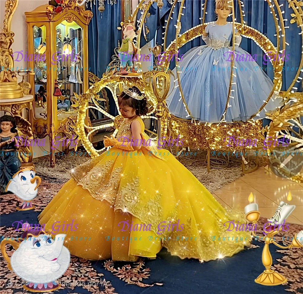 

Качественное желтое тюлевое пышное платье с цветочным узором для девочек с изысканной розовой аппликацией для детей, вечерние бальные платья на свадьбу, день рождения