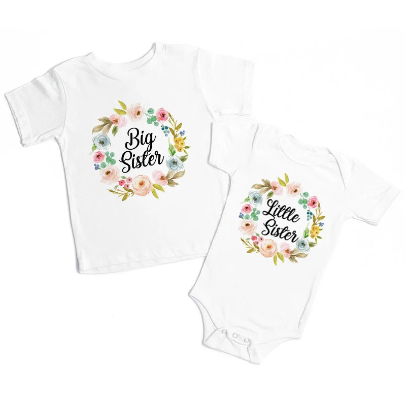 Big Sister Little Sister Matching Sister Outfits Flower Wreath Sibling Shirt Big Sis Shirt Lil Sis Bodysuit Baby Shower