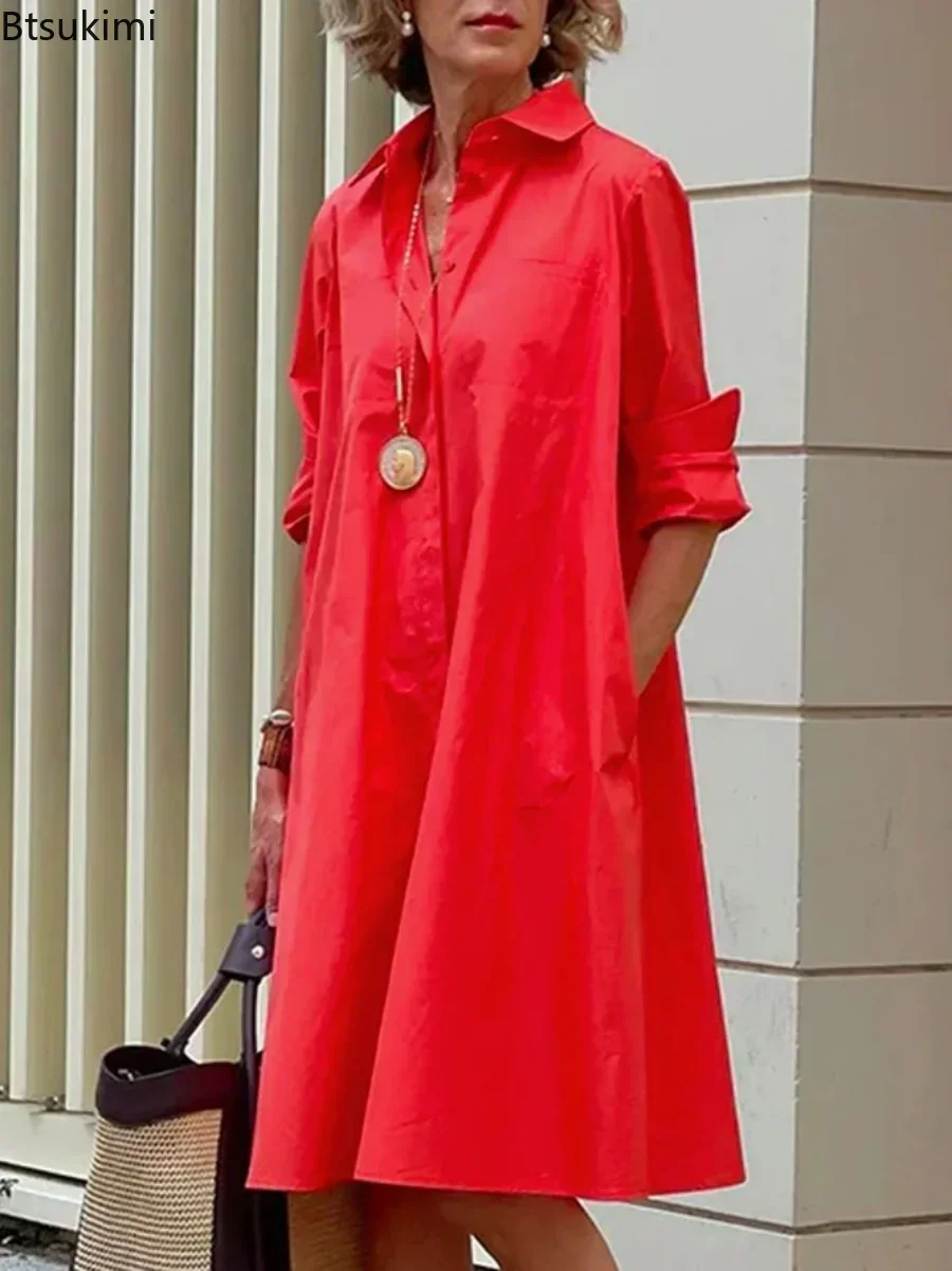 New 2024 Women's Spring Summer Shirt Dress Solid Casual Turn-down Collar Pocket Long Sleeve Midi Dresses Female Dresses Vestidos