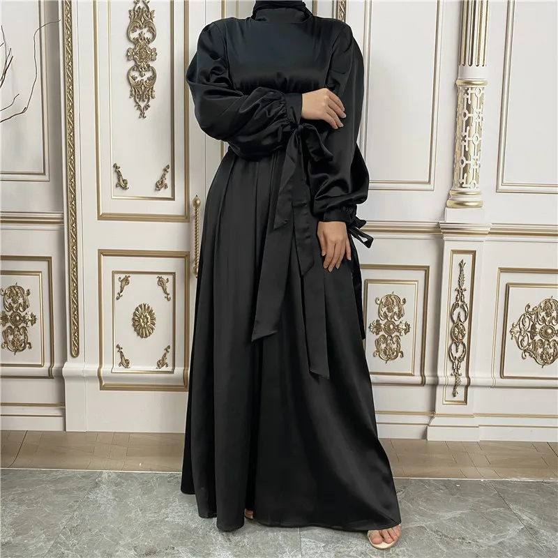 Simple Muslim Dress Satin Lace-up Sleeves Elegant Abayas for Women Kaftan Casual Dubai Abaya Women Clothes Solid Lace-up Dress