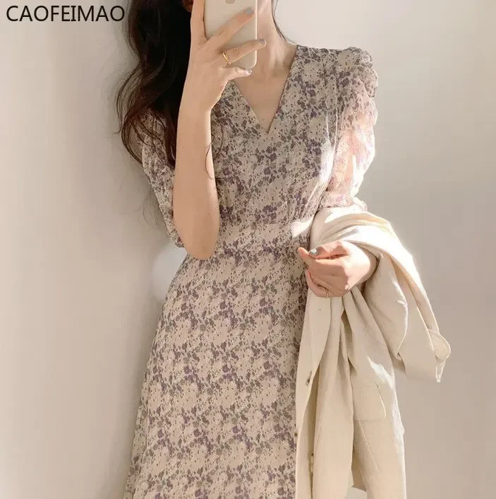 2025 Summer Elegant V-neck Long Waist Hugging Fresh Floral Dress Women French Style Puff Sleeve Temperament Chiffon Skirts