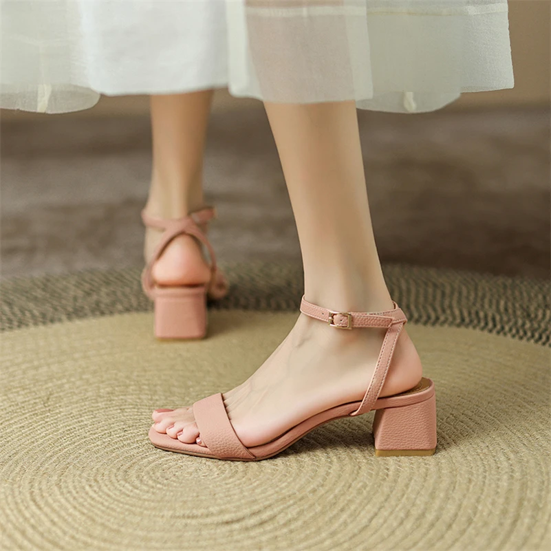 Meotina Women Genuine Leather Ankle Strap Shoes Thick Heel Summer Buckle Sandals Square Toe Mid Heels Ladies Footwear Pink Beige