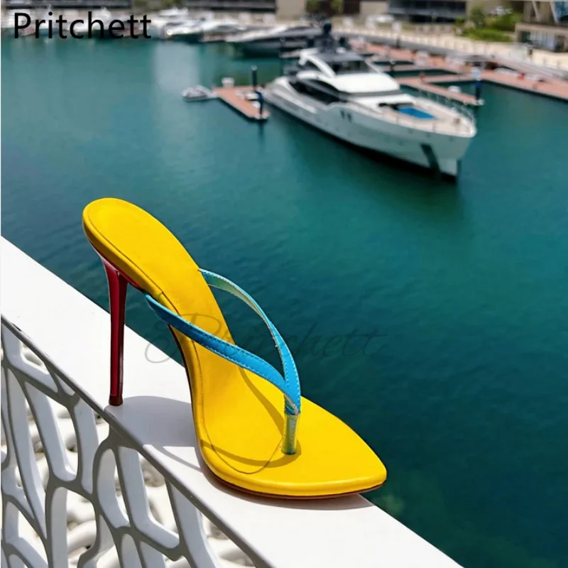 High Heels Clip Toe Slippers for Women Pointed Toe Stiletto Leather Flip Flops Summer Mixed Colors Sexy Party Runway Shoes