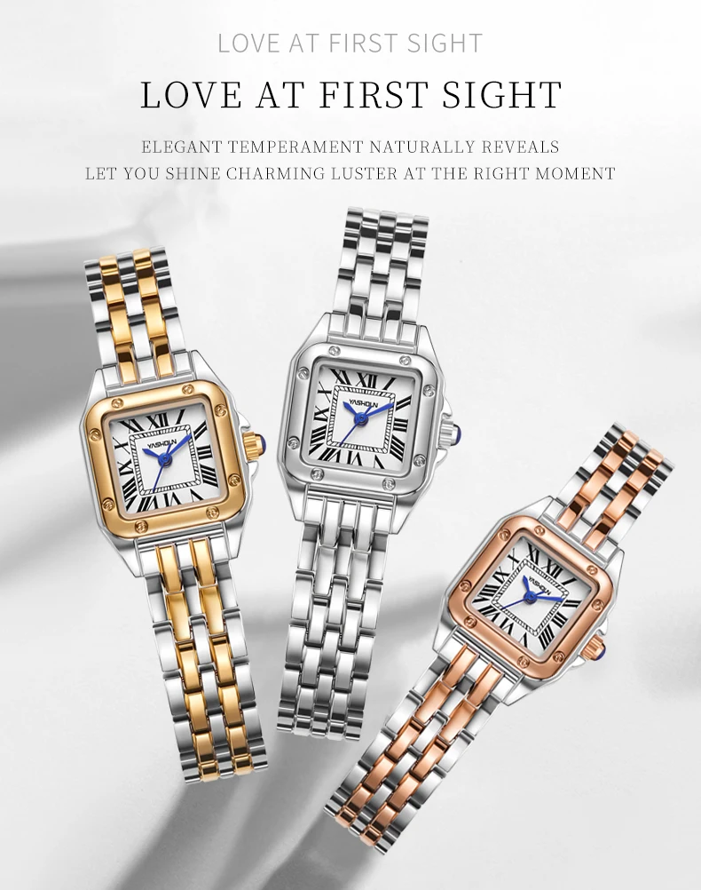 YASHIDUN Women Watch Square Small Clock Elegant Watch Small Size Quartz Watch Stainless Steel Waterproof Women Wristwatch