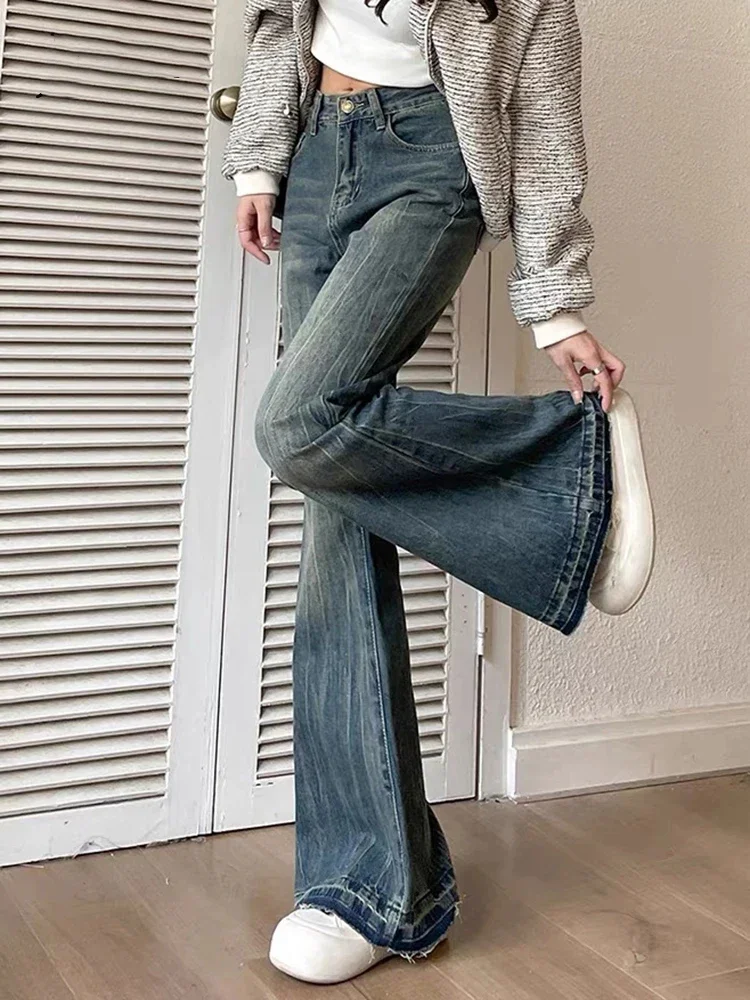 

American Style Chic Office Ladies Pockets Basic Female Flare Pants Winter Fashion Slim Casual Vintage Blue Women‘s Jeans