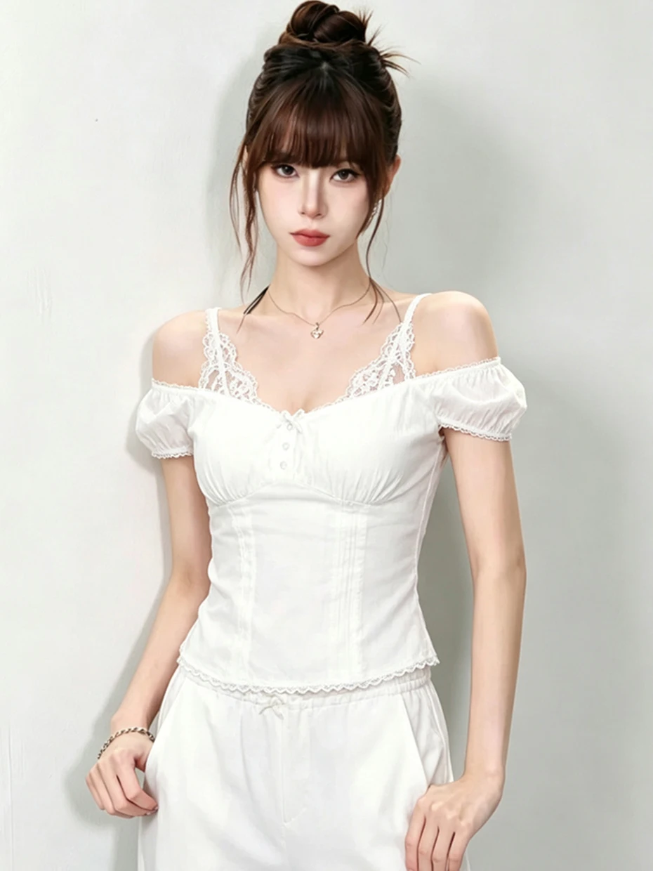 

White Sweet Style Bubble Sleeve One Shoulder Linen Shirt Women Summer Lace Splice Waist Inward Short Doll Shirt Trendy