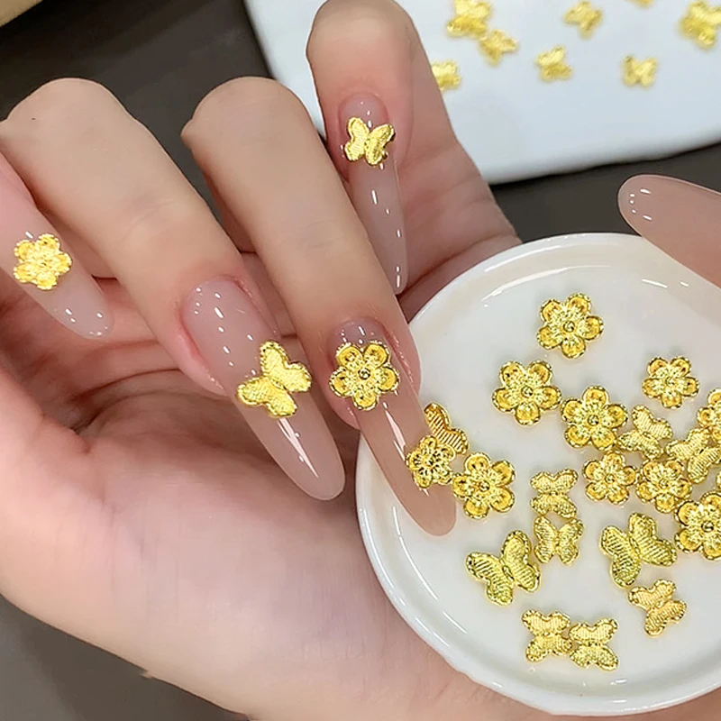 10PCS Goldene 3D Schmetterling Blume Nagel Dekoration Galvani Goldene Legierung Nagel Zubehör DIY Nail art Bohrer