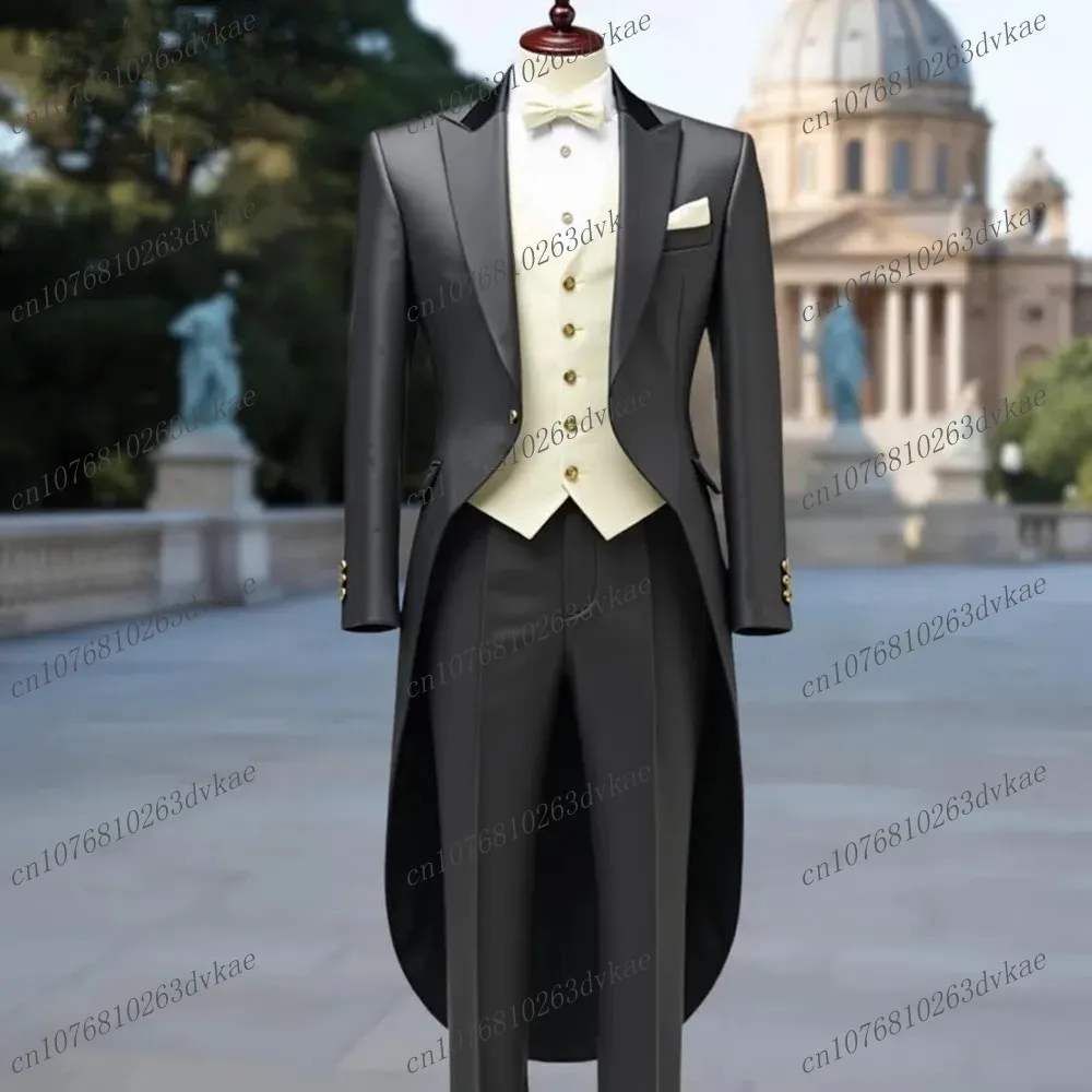 

New Navy Blue Long Jacket Business Formal Men Suit Groom Groomsman Wedding Party Prom Male Tuxedos 3 Piece Set Blazer Vest Pants