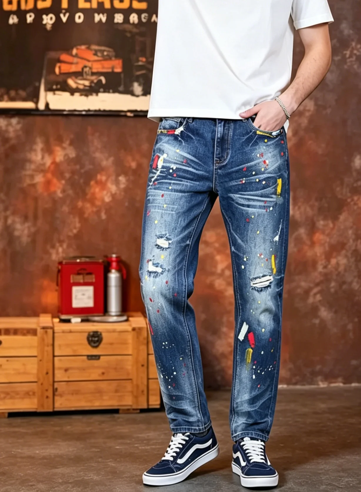 【HME】Men's Jeans | Art Splatter Paint Denim Pants for Men, vintage Washed Distressed Denim Fabric, Hand-Painted colorful Ink Spots, Ripped Frayed Details, Natural Whisker Fading, Reinforced Stitching, Straight Loose Cut, Street Hiphop Style