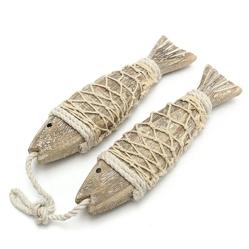 2 Pieces Vintage Mediterranean Style Wooden Fish Hand-carved Hanging Wooden Decoration Home Hanging Nautical Decoration Gifts