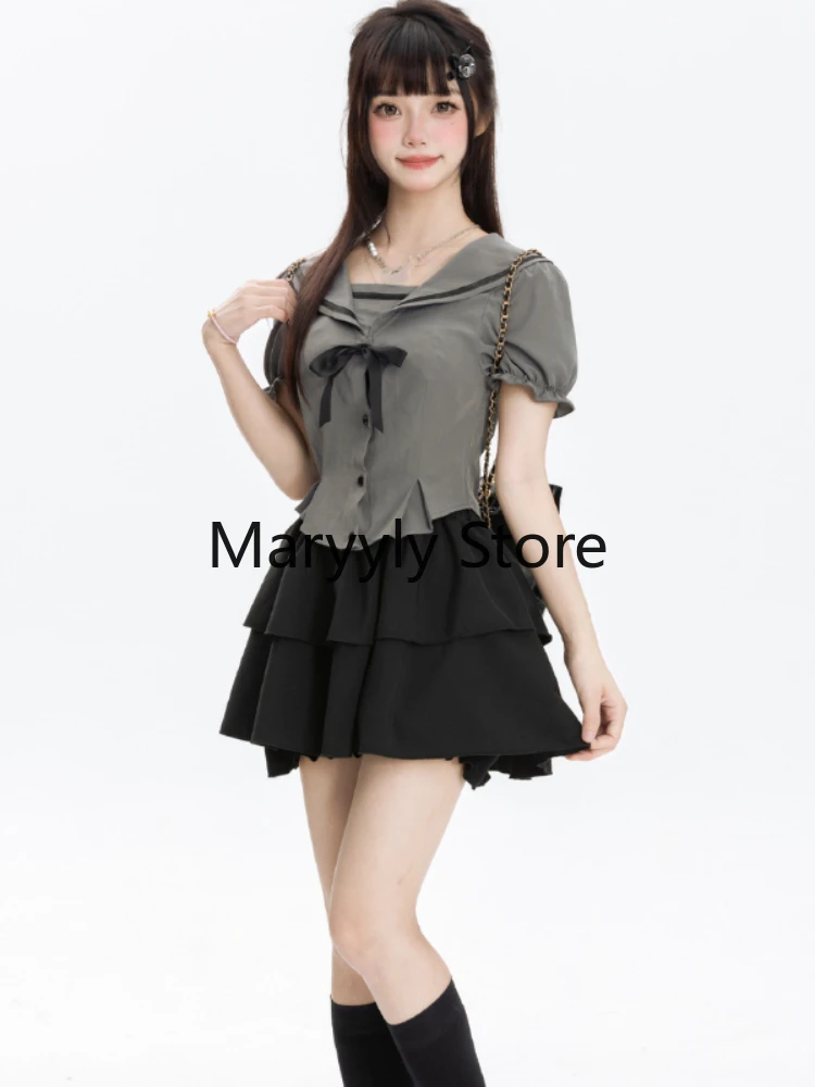 2023 Summer Women Short Sleeve Bow Blouse + Black Mini Skirts Fashion Bodycon Outfits Chic Japanese Casual Y2k Party Suits Style