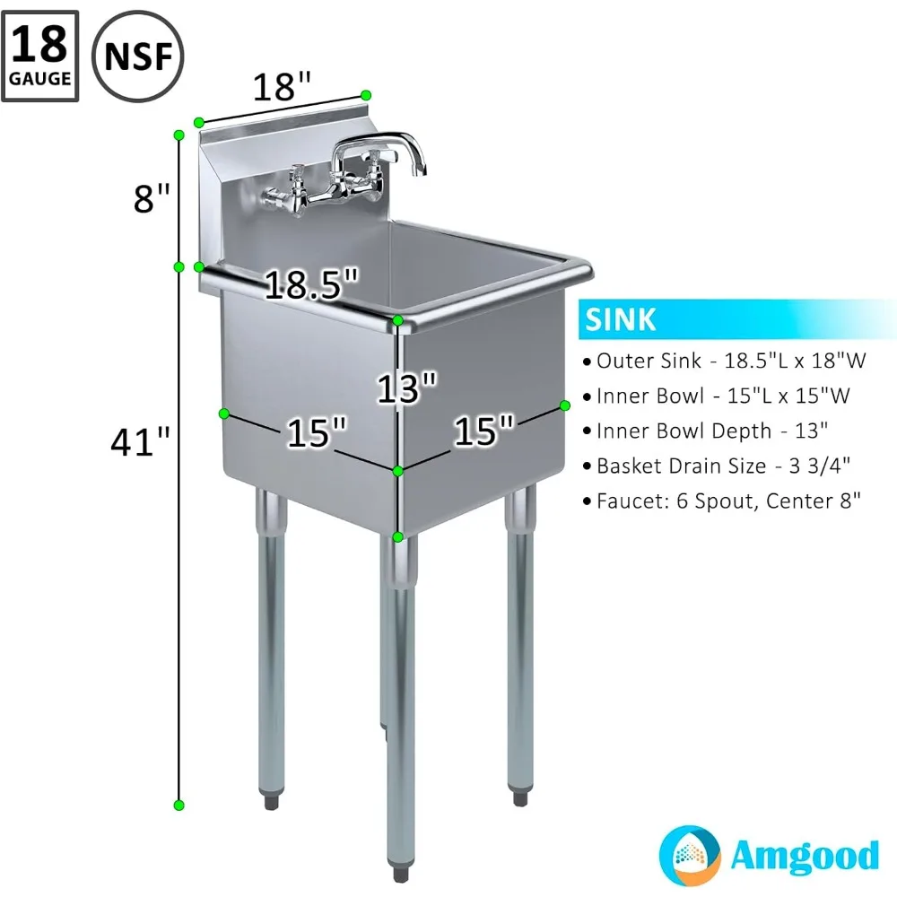 حوض الفولاذ المقاوم للصدأ من AmGood |   304 الصف |   مثالية للمطاعم والمطابخ والمغسلة والكراجات |   معتمد من NSF |   1