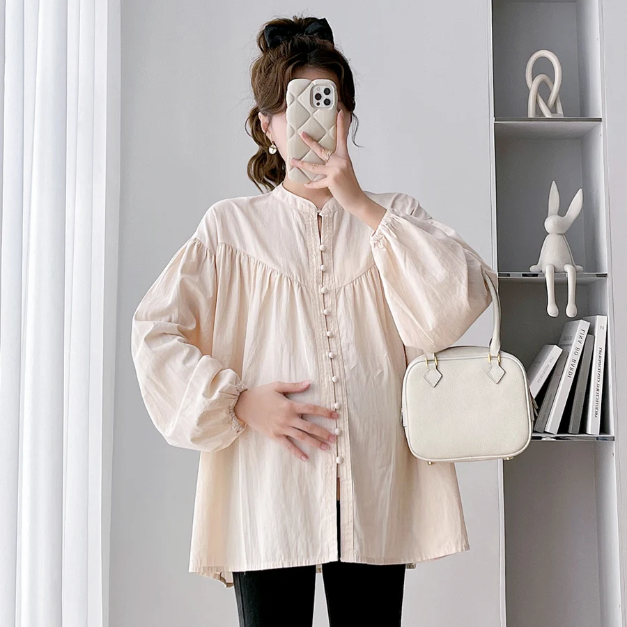 

2024 Spring Fashion Maternity Tees Shirts Plus Size Long Sleeve Button Fly Pregnant Woman Blouses Loose Pregnancy Clothes Tops