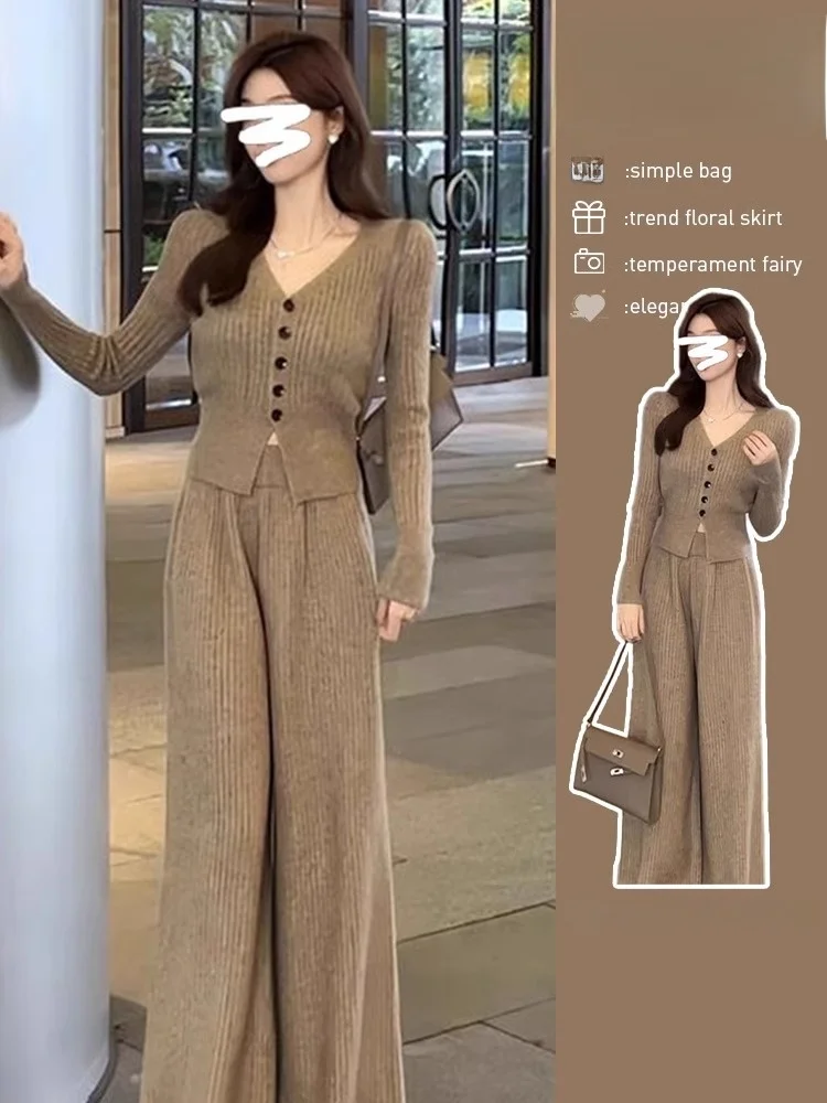 Early Autumn Fashion Knitted Set Women's Long Sleeve V-Neck Button Long Pants High-End Feel Small Size Perfume Wind Style