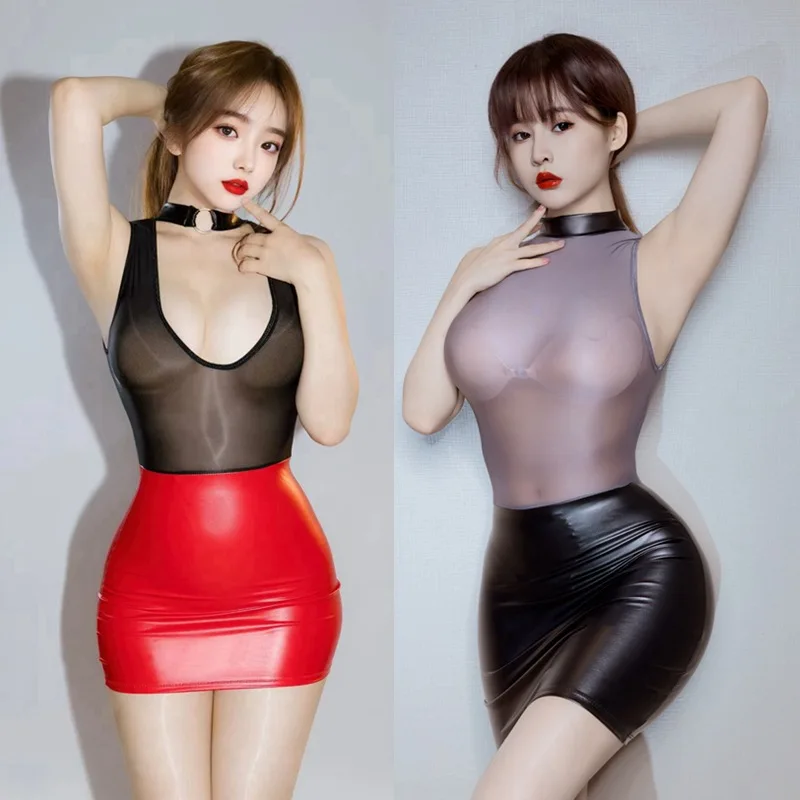 

Мини-юбка из искусственной кожи, прозрачная 60d глянцевая ткань, лоскутное облегающее платье для ночного клуба, домашние платья, юбка для сна, двусторонняя одежда