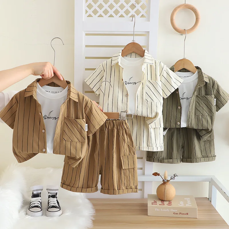 

2026 Summer Baby Boy 3PCS Casual Outfit Striped Open Front Short Sleeve Shirt & Solid Tee with Shorts Set for Kids Daily Wear