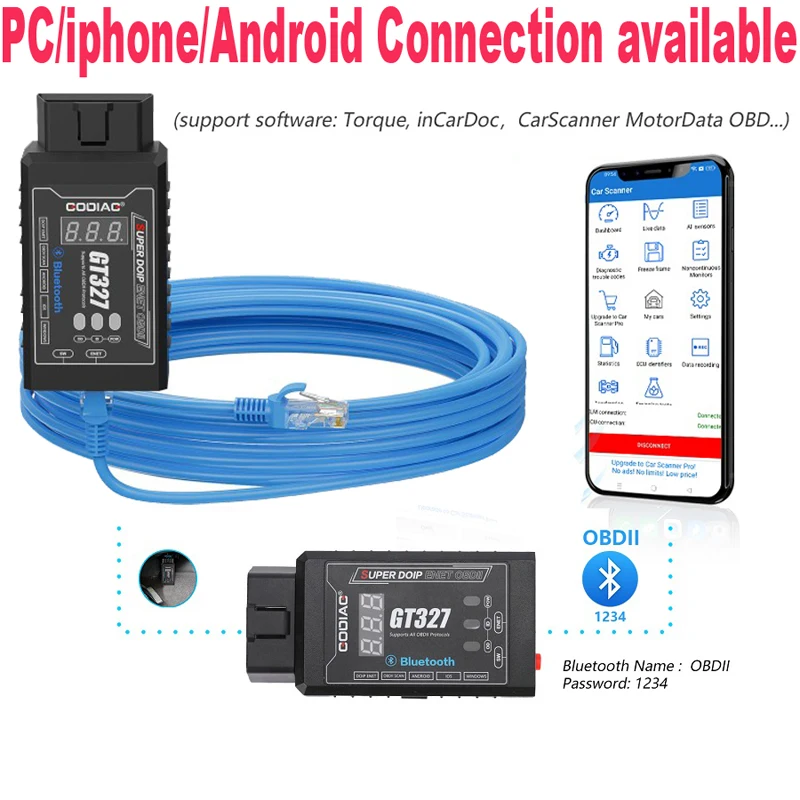 GODIAG GT327 DOIP ENET v1.5 ELM327 Bluetooth 4.0 OBDII Obd2 Scanner with Voltage Display for IOS/Android/Windows Tools