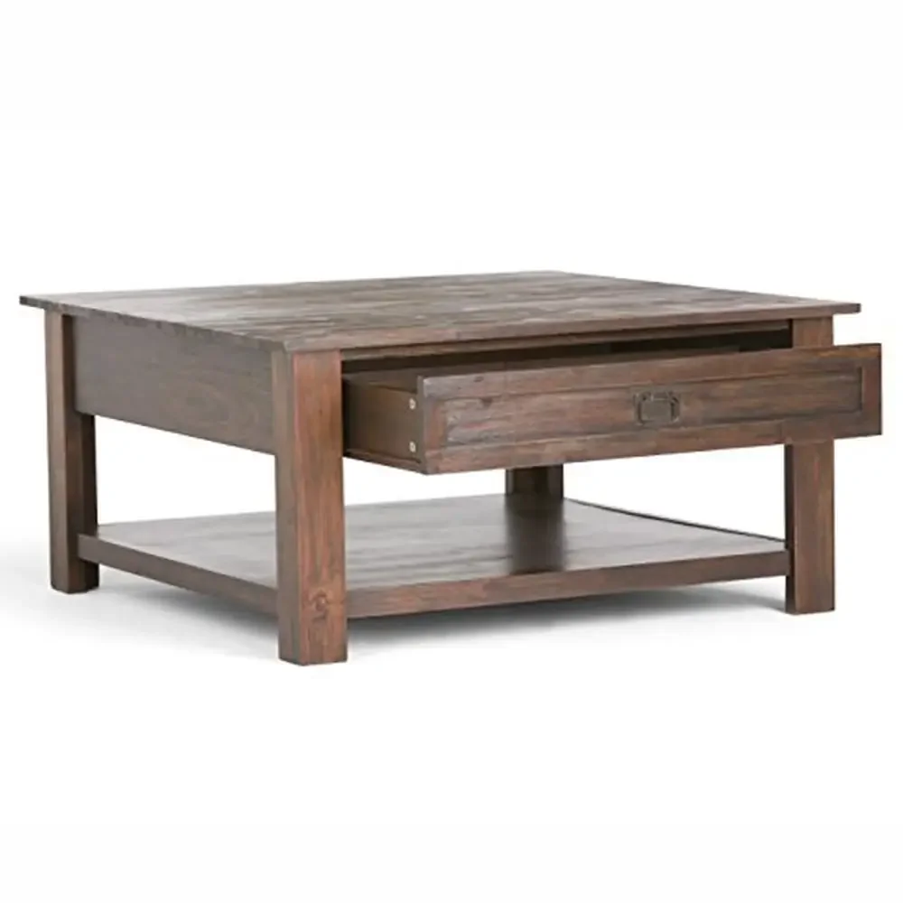 Mesa de centro multifuncional rústica de madera maciza de acacia de 38 pulgadas con cajones de almacenamiento y estante abierto color marrón carbón desgastado