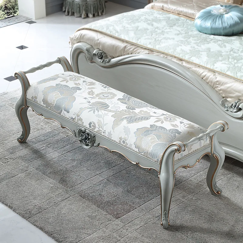 

!@Luxury Design Bed Stool for Bedroom Classic Rose Carving Luxury Fabric Design Wooden Bed Bench