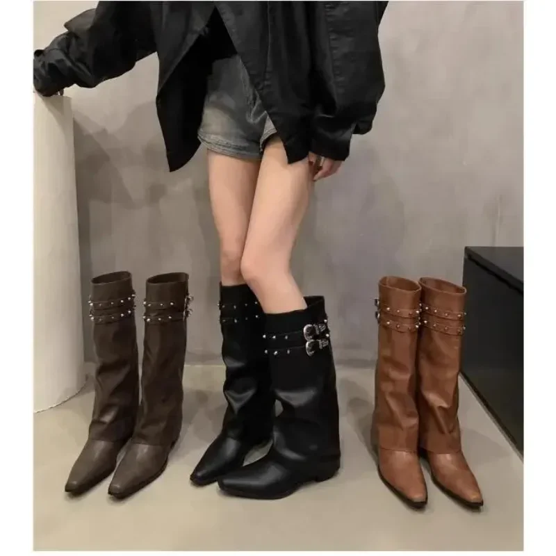 American Retro Studded Knight Boots, Women's Style Knee High Boots, Fashionable Button up Shoes