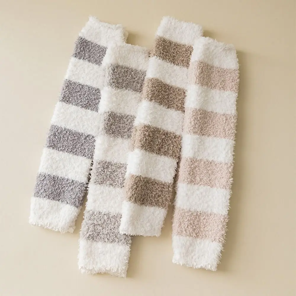 

Kawaii Thicken Warm Long Tube Sock Cover Stripe Hosiery Coral Fleece Stockings Simple Leg Warmer Foot Warmer Girl