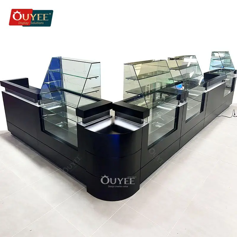 Customized-Luxury Unique Display Wood Stand Stalinite Glass Display Shelves Smoke Shop Cabinet Tempered Glass Counter Display