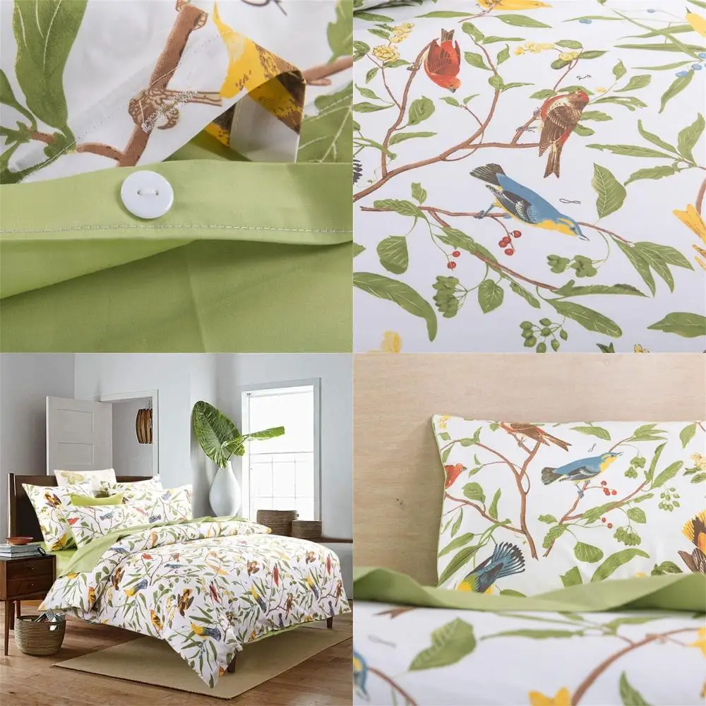 طقم غطاء لحاف رعوي مكون من 3 قطع بحجم كينج: فروع، طيور، طباعة زهور، فراش مزرعة أنيق باللون الأخضر #1