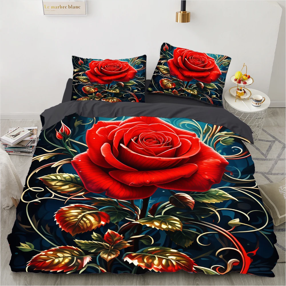 Red Rose Duvet Cover Set luxury Floral Flowers 2/3pc Bedding Twin/Full/Queen/King Size Quilt/Comforter Cover sets Linens