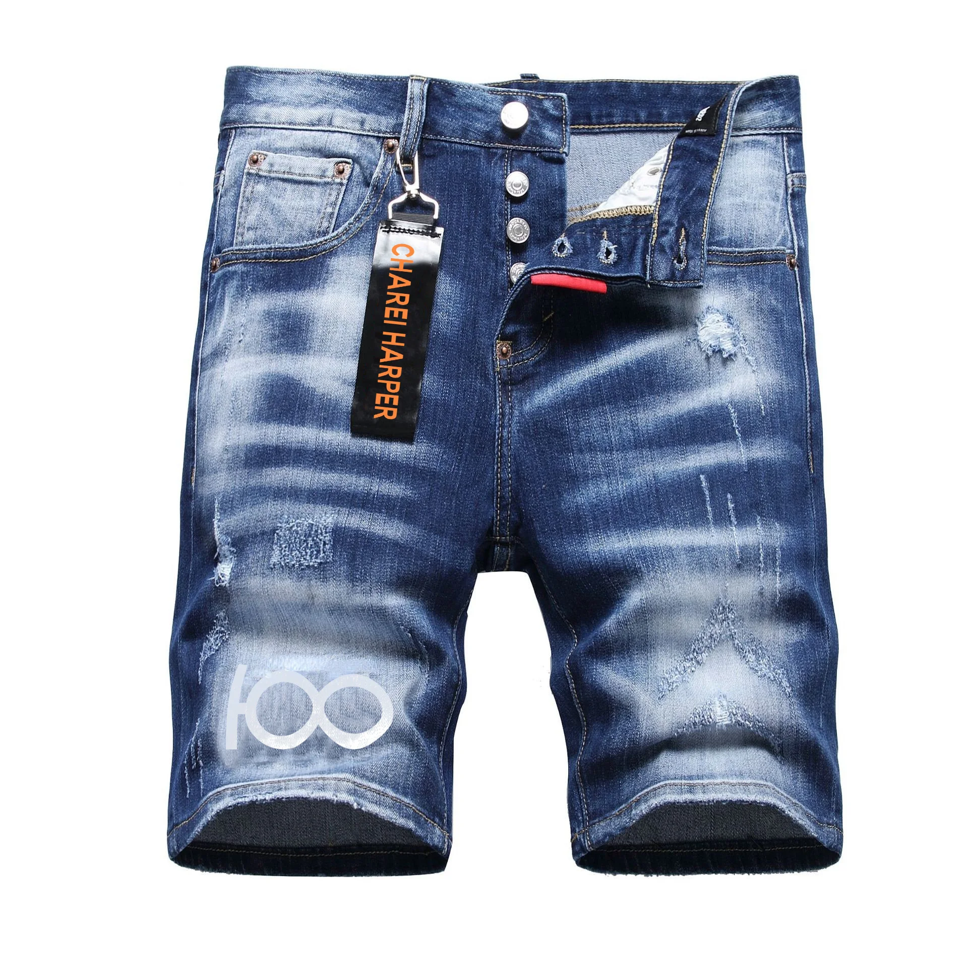 100 chareiharper 2024 Mannen Stretch Skinny Denim Shorts Hoogwaardige Luxe Merk Mannen Straat Slim Fit Jeans Mannen Klassieke