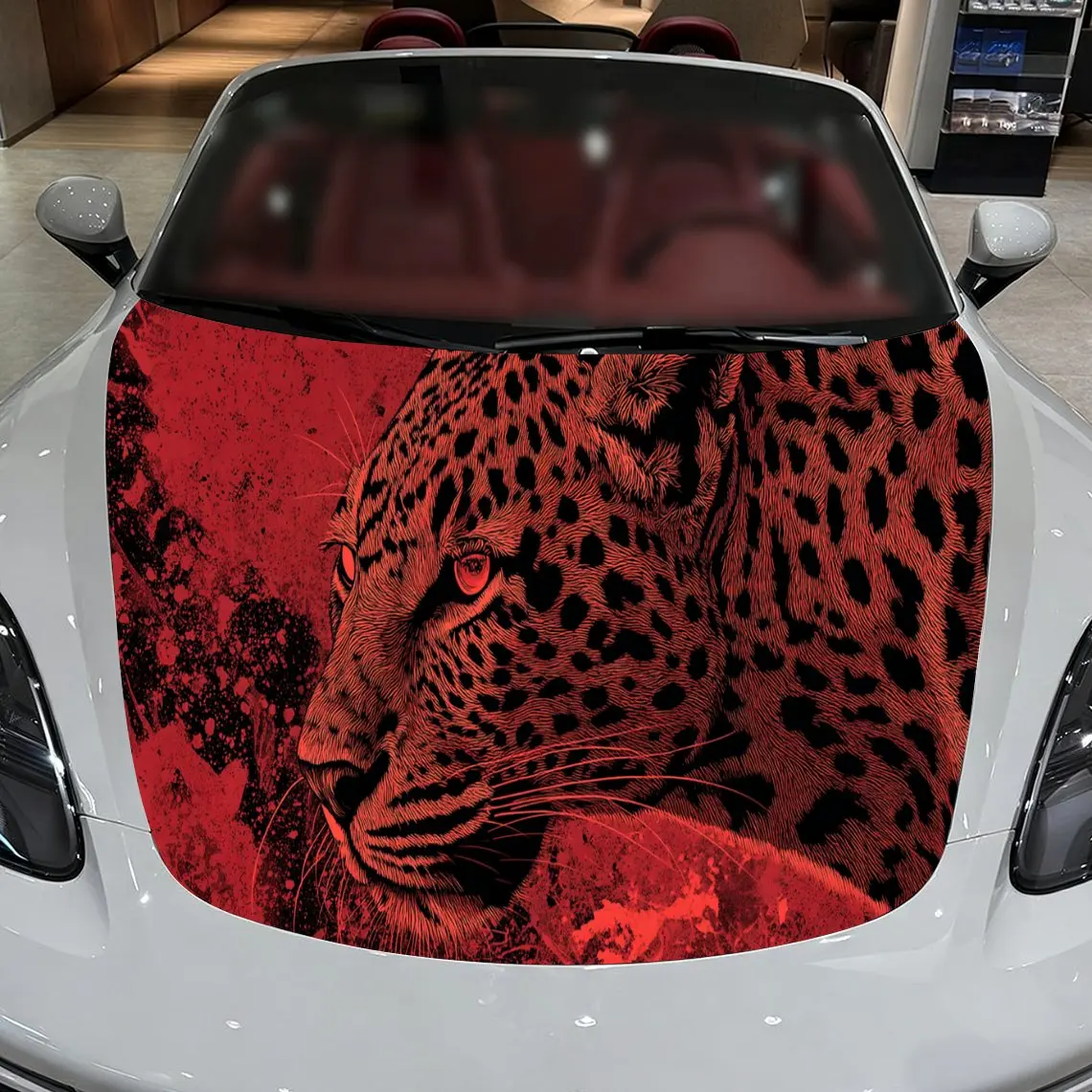 Car Decals A Leopard Design with Bold Red Textured Background & Artistic, Dynamic Visual Details Car Hood Sticker, Waterproof Se