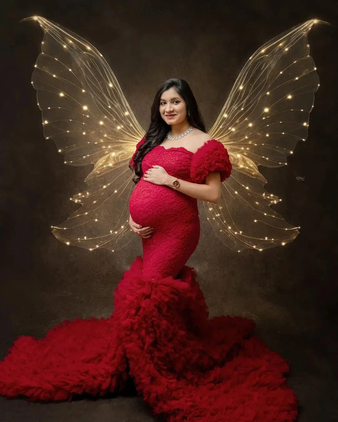 ブルゴーニュマタニティドレス写真撮影用マーメイドフリルチュールベビーシャワーオフショルダーロングウエディングドレスレース女性ドレスふわふわ