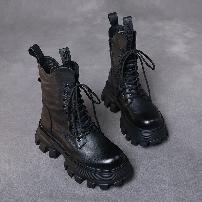 

Top layer cowhide leather sponge cake thick sole women's autumn and winter British style small single boots retro handmade boots