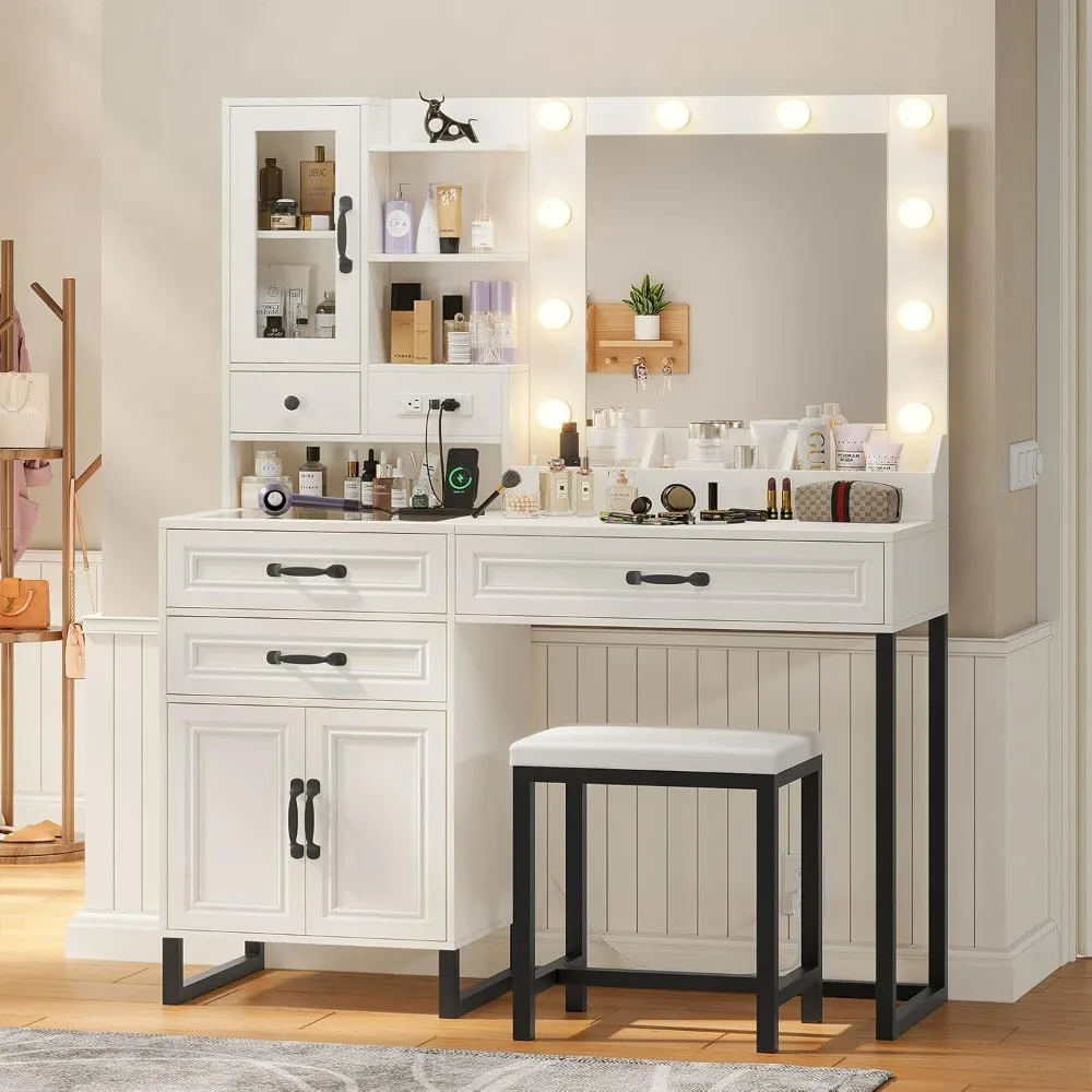 Makeup Vanity Desk with Mirror and Lights & Stool, Glass Top Vanity Table Set with Charging Station, 4 Stoarge Drawers & Double