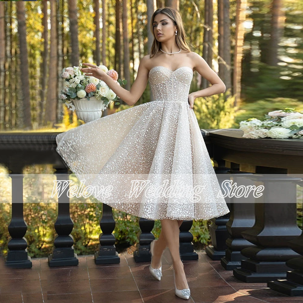 Glitter curto tule vestido de casamento princesa a linha querida pescoço chá comprimento espartilho vintage sem mangas elegante vestido de noiva