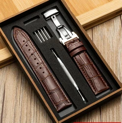 18 20 22 24mm Genuine Leather Strap with Wooden Box Watch Band Butterfly Clasp Bracelet Soft Wrist Band Watch Accessories