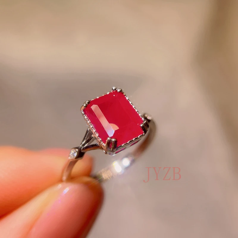 

100% natural Burma square cut ruby ring 925 sterling silver simple light luxury 7x9mm