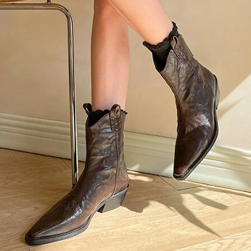 Bota de tornozelo chelsea feminina, salto baixo, dedo apontado, sapato casual, elegante, festa, moda inverno, novo, 2024