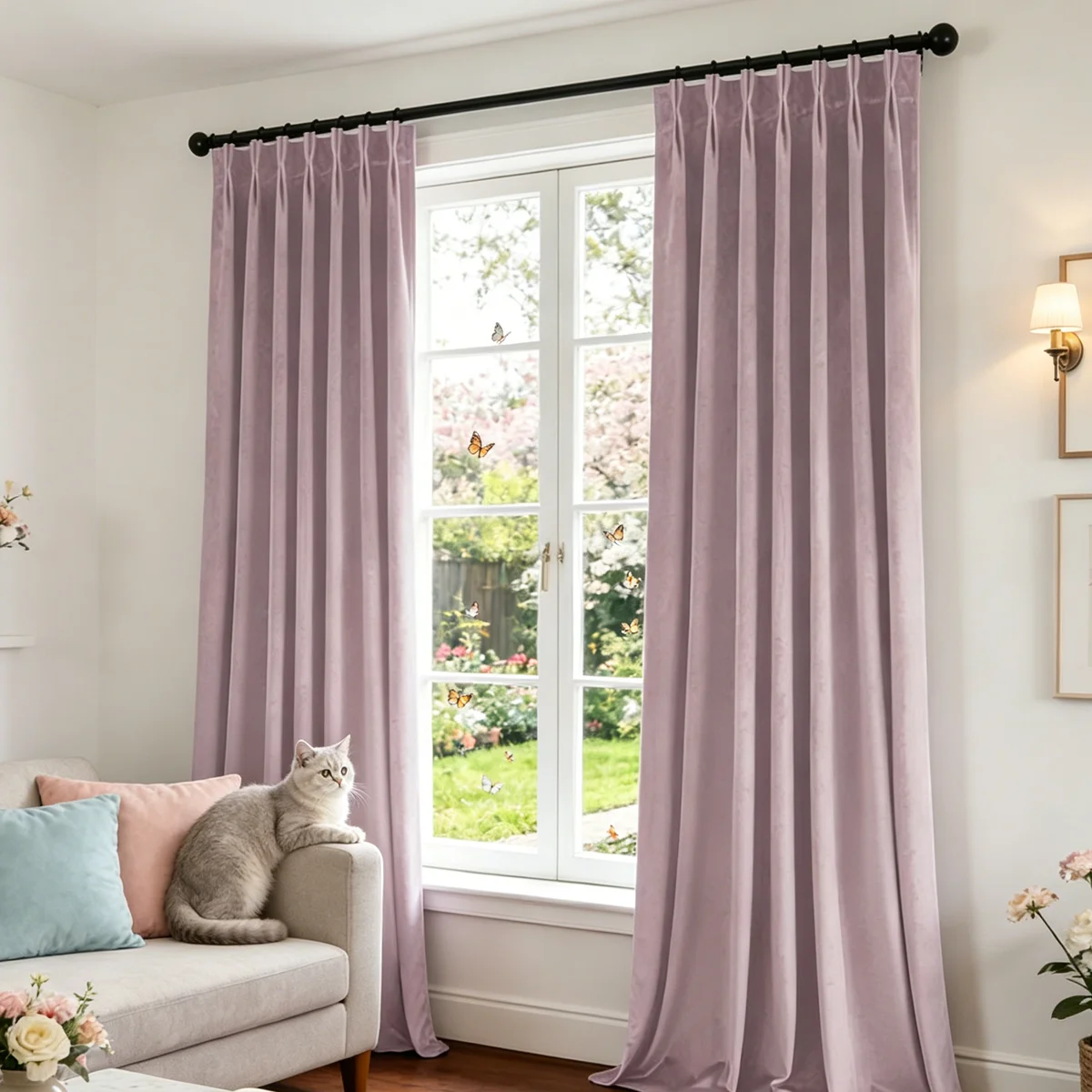 

Light Purple Velvet Semi Blackout Curtains, Pleated Top Room Darkening Drapes for Bedroom Living Room Home Window Decor