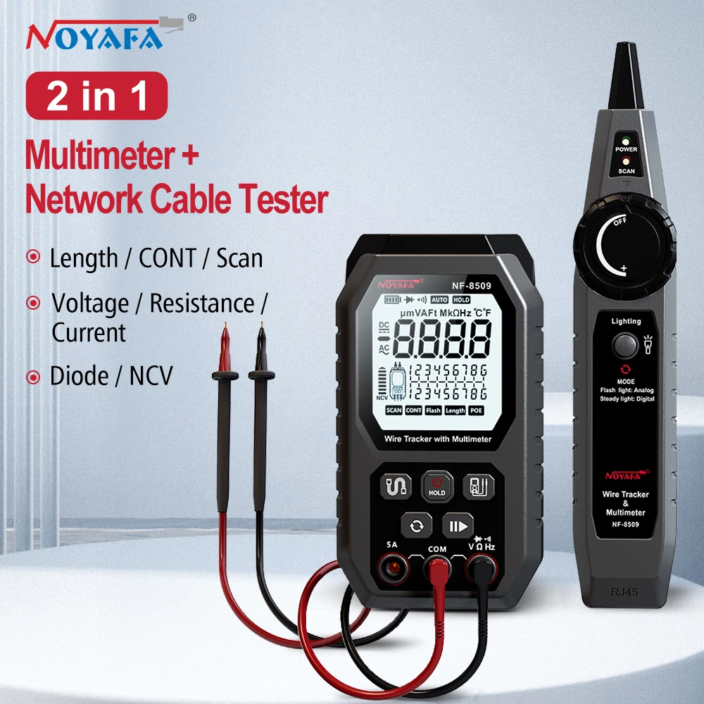Тестер сетевого кабеля NOYAFA 2 в 1 и цифровой мультиметр, устройство для отслеживания кабеля, тестер кабеля Cat5 Cat6 PoE, обнаружение длины,