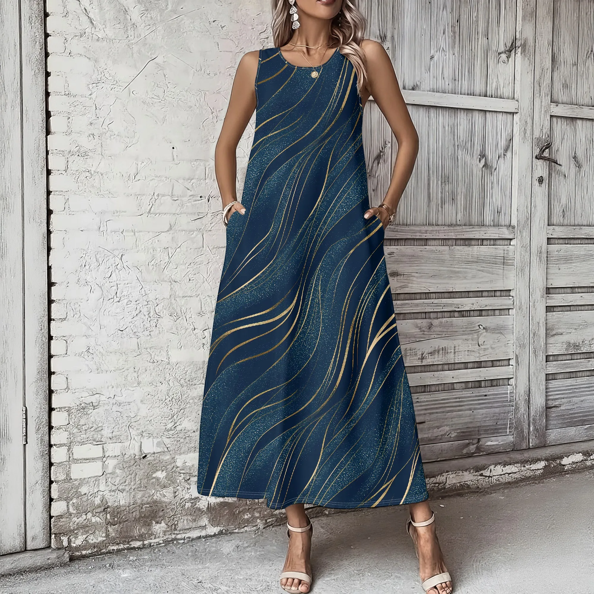 Gold Wave Print Sleeveless Dress, Abstract Line Pattern Maxi Dress, Casual Summer Sundress for Women with Pockets, S-2XL