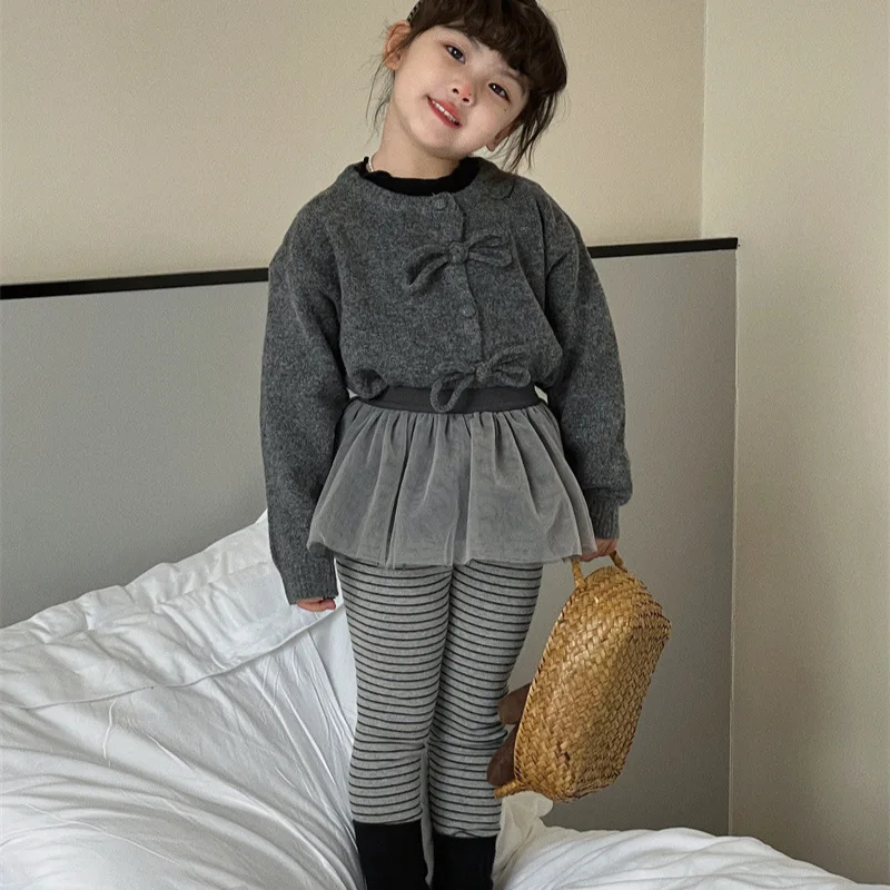 Sweater Autumn New Children\'s Clothing Korean Girl Bow Solid Color Open Stitch 2024 Round Collar 2024 Bows Solid Loose