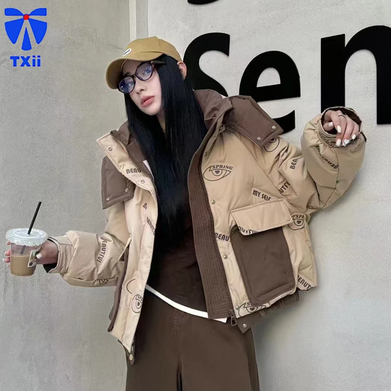 TXii 2024 Winter New Detachable Hat Down Jacket Women's Short Fashion Letter Printed White Duck Down Warm Coat Trendy