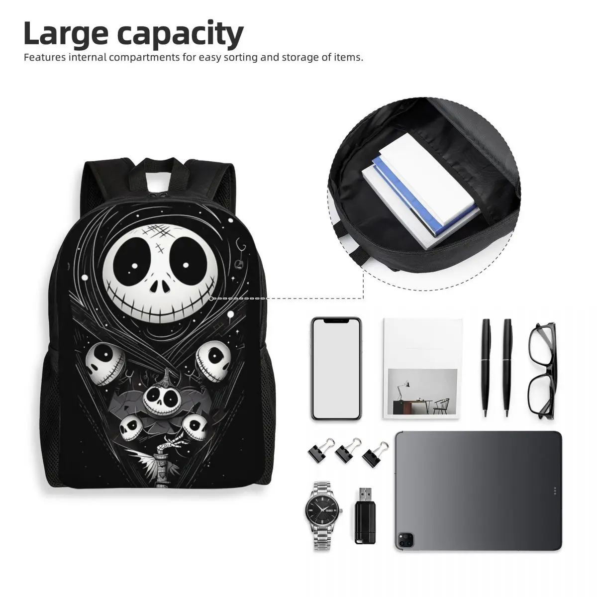 Niestandardowy plecak Halloween Koszmar przed świętami Bożego Narodzenia Uczniowie szkół uniwersalnych Bookbag 15-calowy laptop Jack Skellington