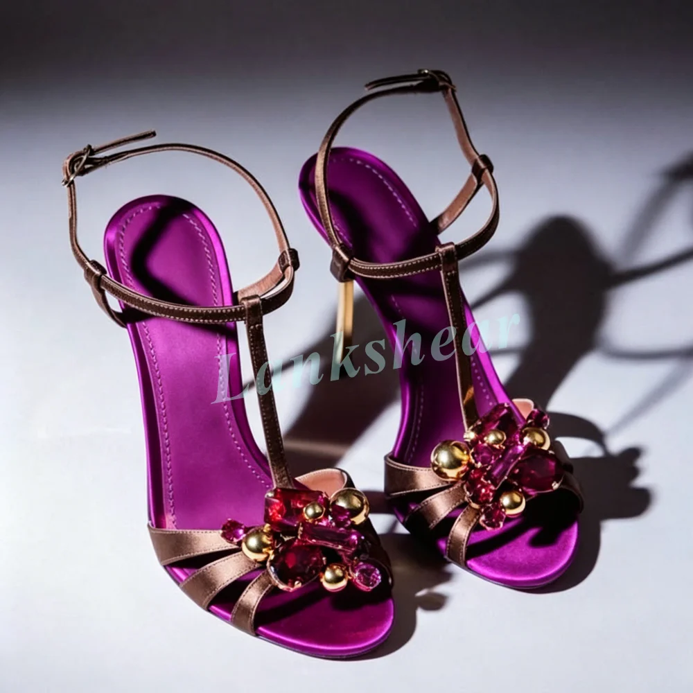Fuchsia Kristall Polierte Goldkugel-Dekor Sandalen Glänzender Metallischer Goldener Stilettoabsatz Brauner Satin Luxuriöse Statement-Schuhe Sommer