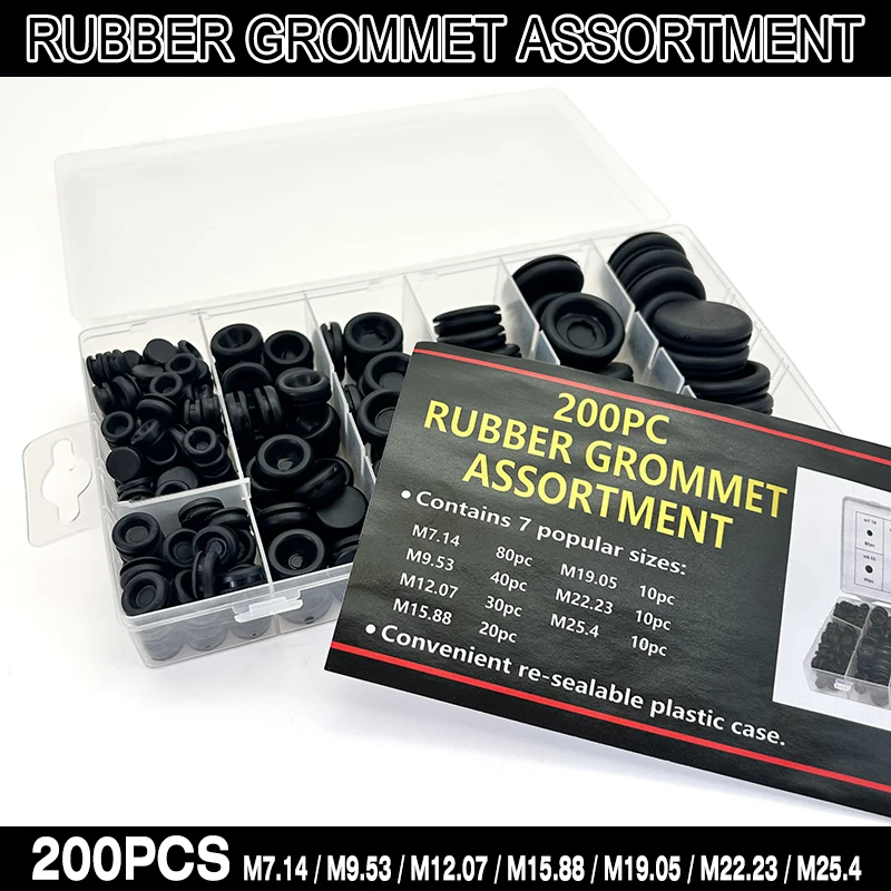 

200Pcs Rubber Hole Protection Grommets M7.14/M9.53/M12.07/M15.88/M19.05/M22.23/M25.4 Seal Dustproof Ring for Electrical Boxes